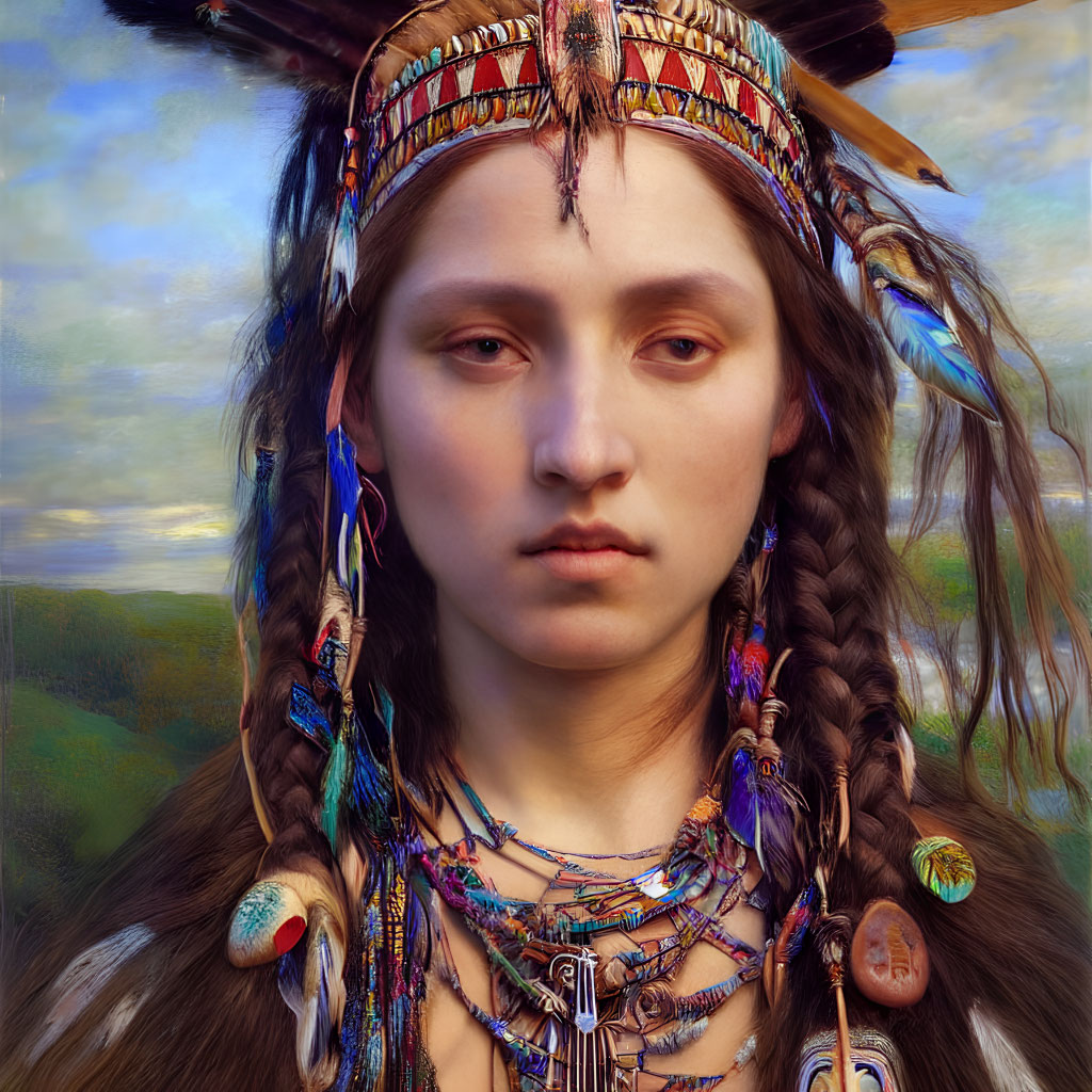 Portrait of a person with braided hair in Native American headdress and jewelry.