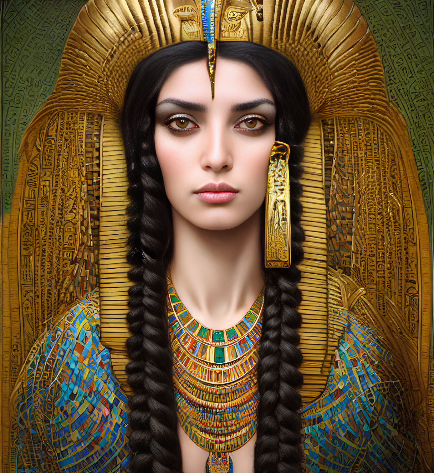 Portrait of a woman with dark hair in braids and Egyptian-style makeup