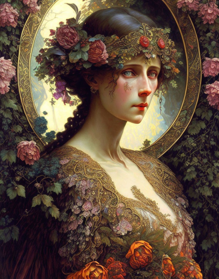 Detailed painting of woman with floral crown and ornate clothing amidst roses and golden halo