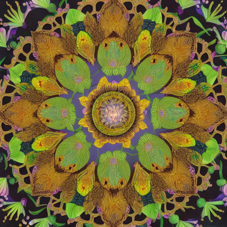 Symmetrical mandala with leaf, flower, and butterfly motifs on dark background