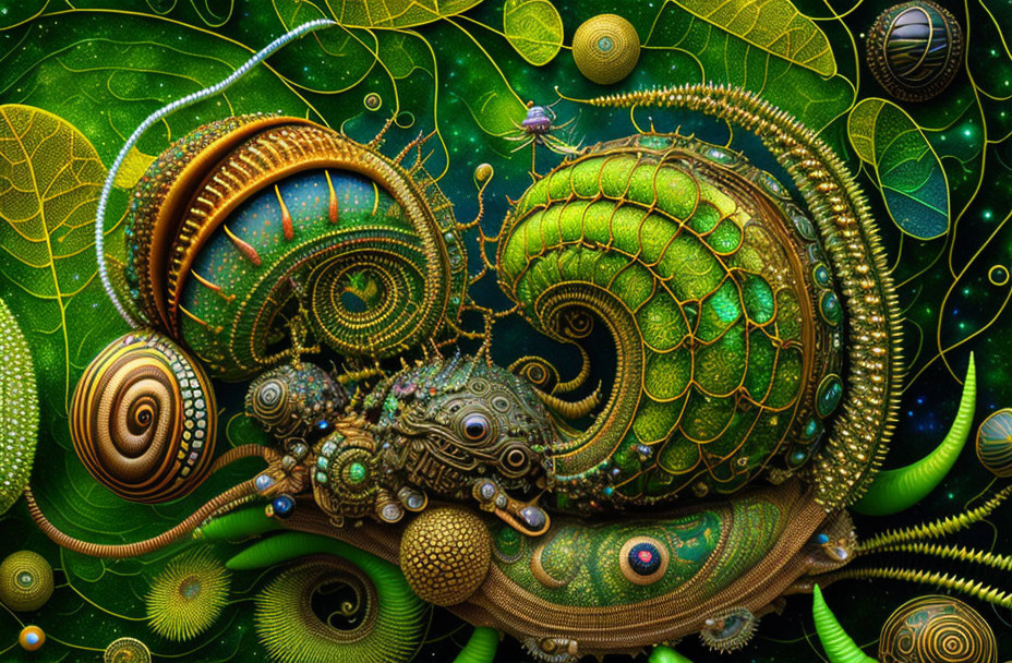 Vibrant digital artwork of mechanical snail in fantastical environment