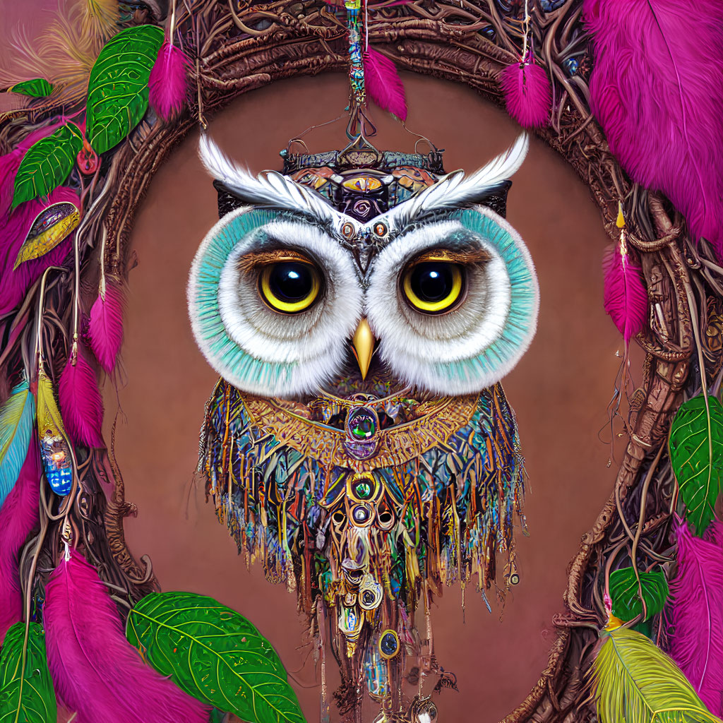 Colorful Owl Illustration with Yellow Eyes and Jewelry on Pink and Purple Background