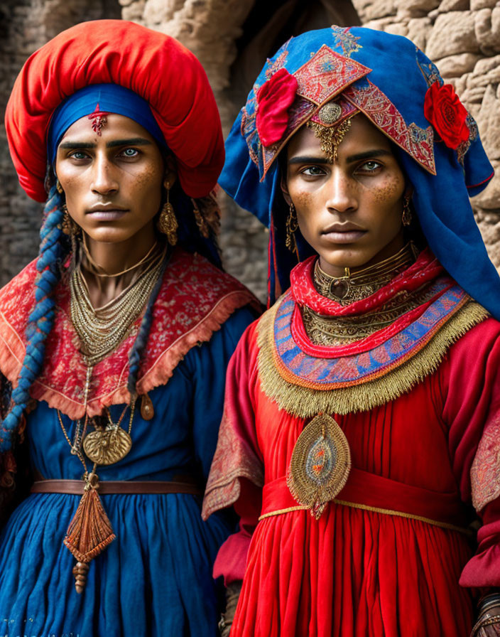 Traditional Attire: Two People with Elaborate Headwear and Jewelry by Stone Wall