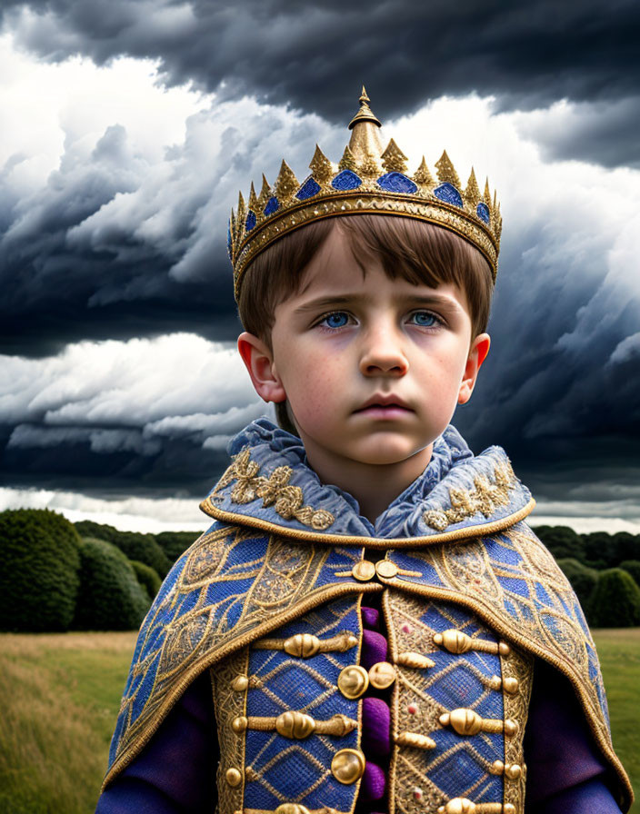 Young boy in royal blue and gold outfit with crown under stormy sky