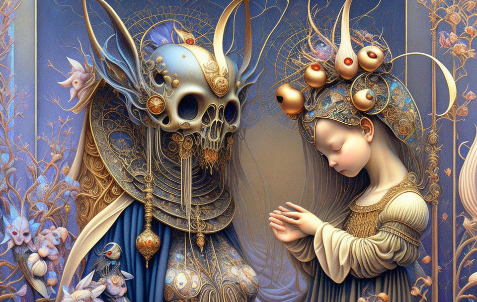 Fantasy artwork of figure with skull headgear and serene girl amidst intricate flora