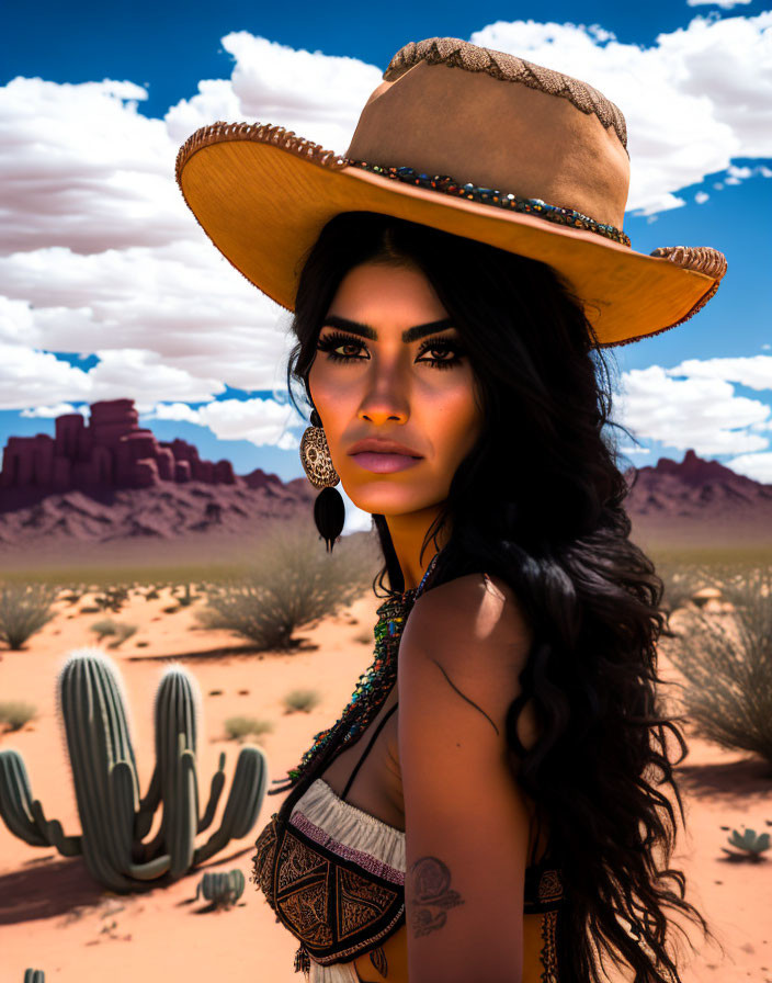 Dark-haired woman in cowboy hat and beaded necklace in desert landscape