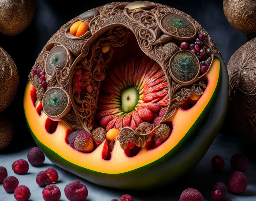 Elaborate Watermelon Carving with Fruit Decorations