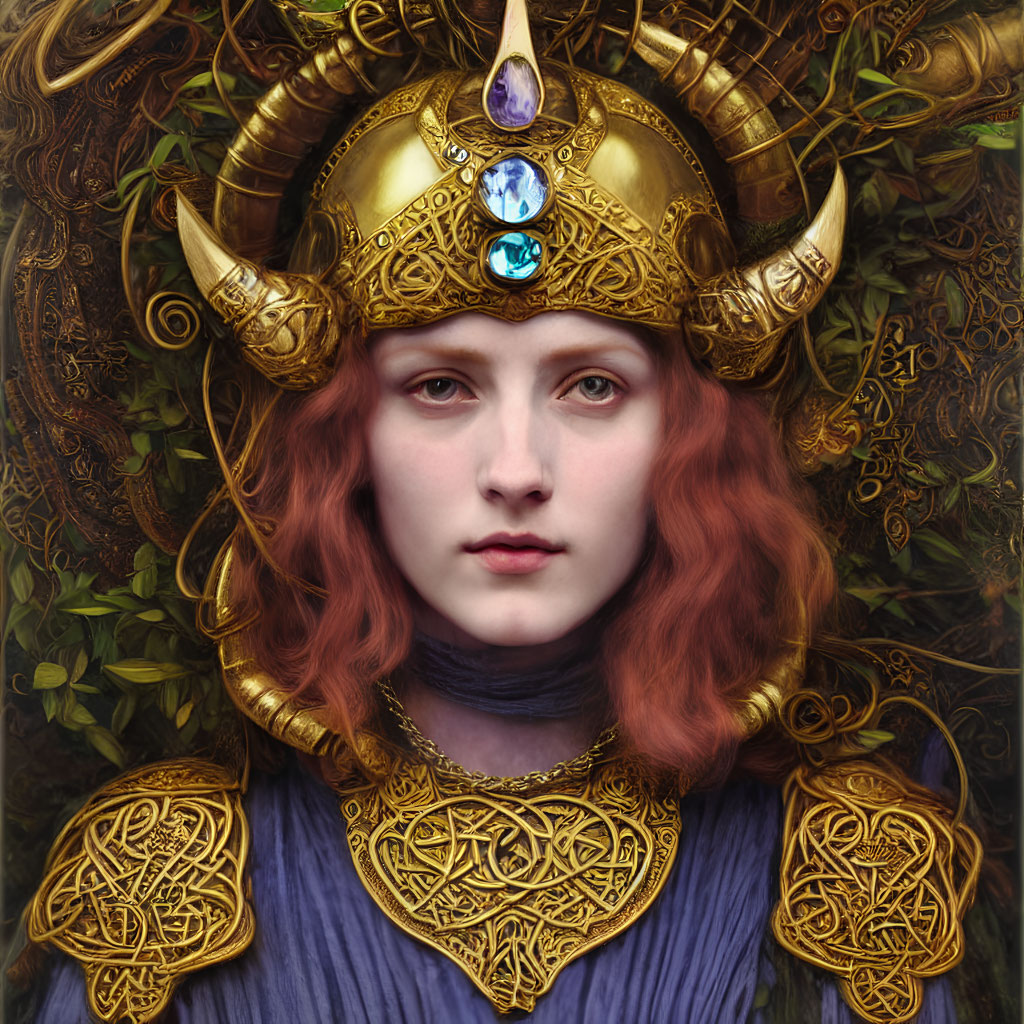 Red-haired woman in golden helmet and Celtic armor.