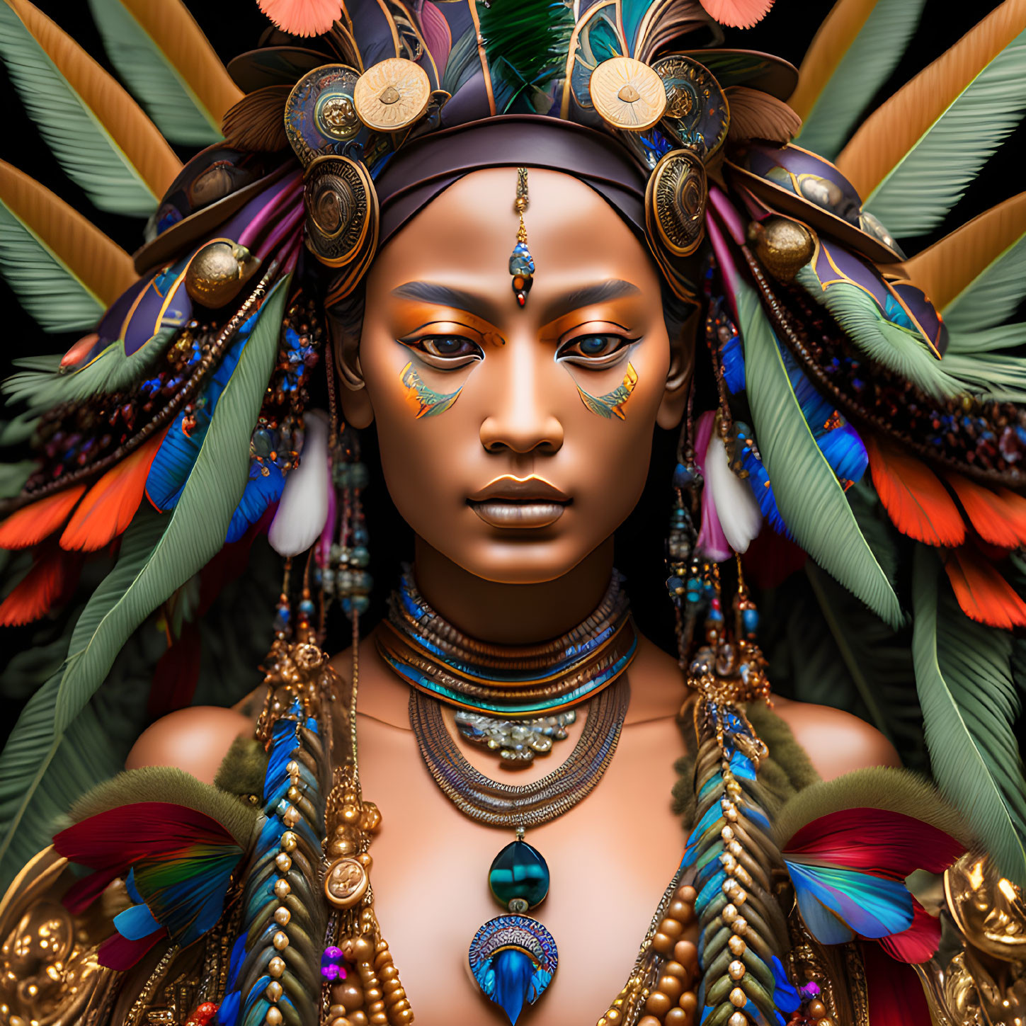 Elaborate headdress and ornate jewelry on regal figure