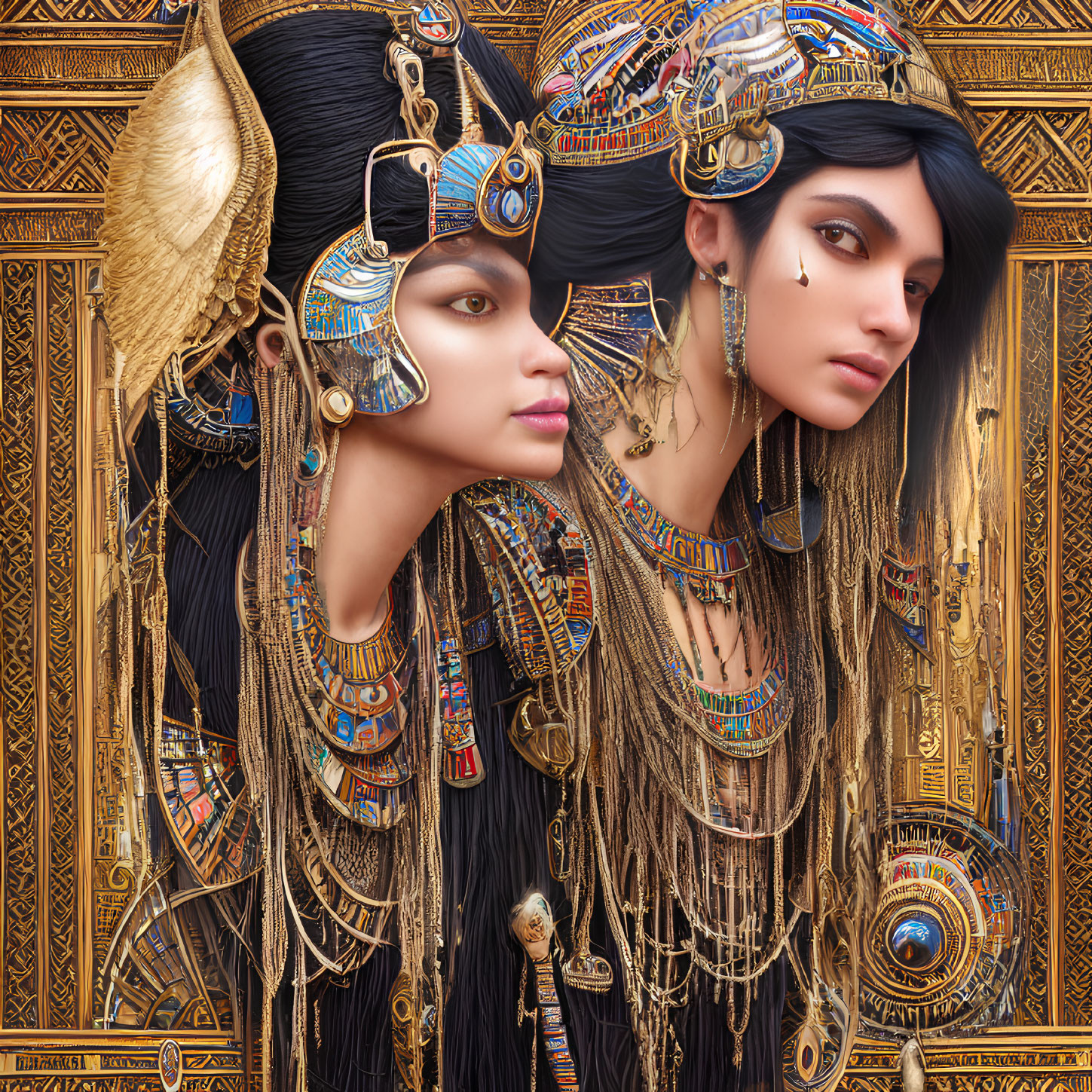 Elaborate Egyptian-inspired headdresses on two individuals