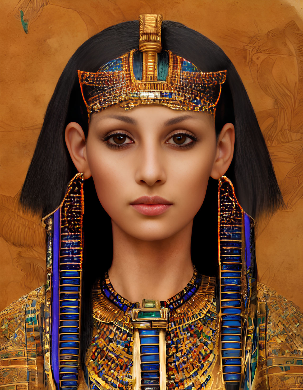 Digital artwork: Ancient Egyptian pharaoh with gold and blue headdress