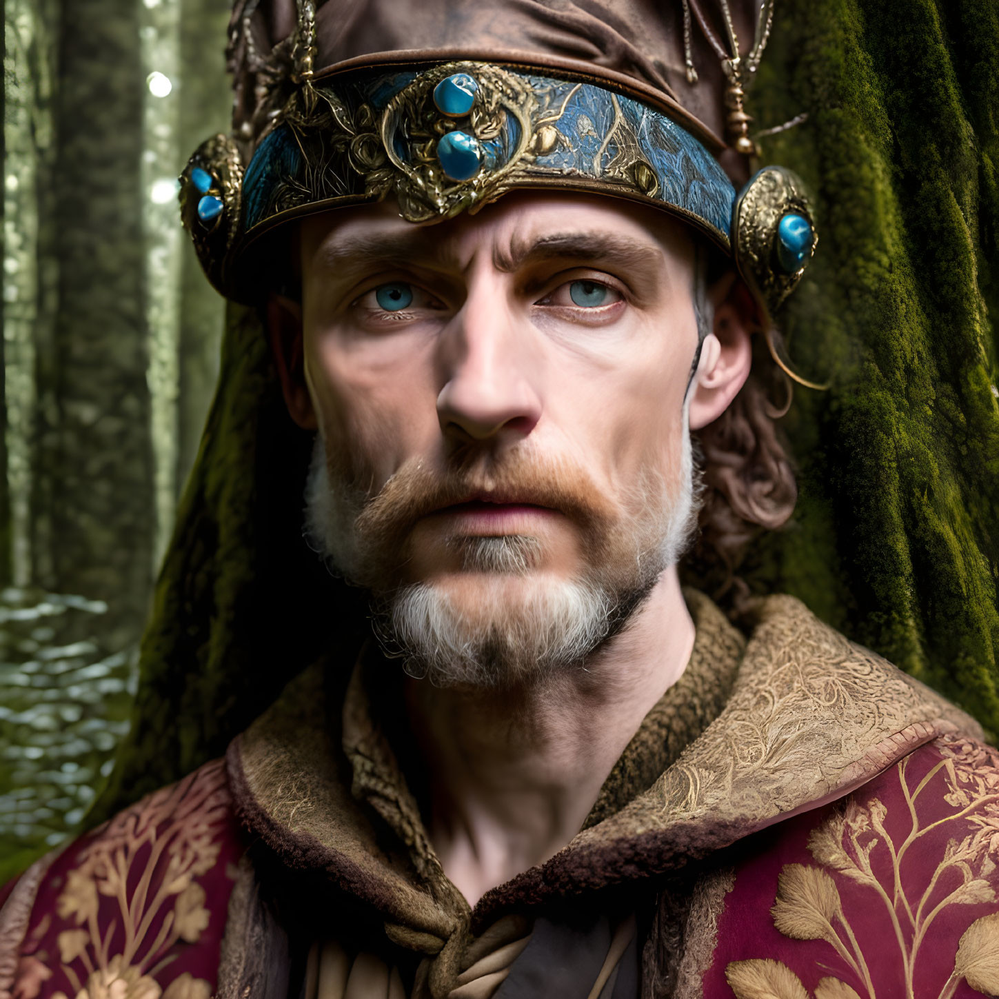 Bearded man in medieval crown and regal attire in forest setting