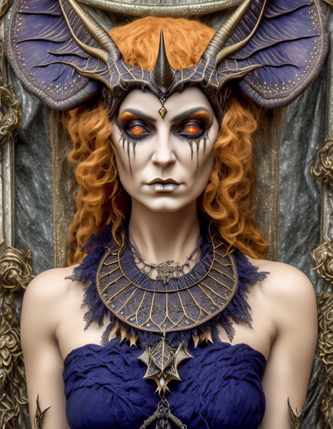 Fantasy character with horns, orange eyes, vibrant hair, dark blue and purple costume