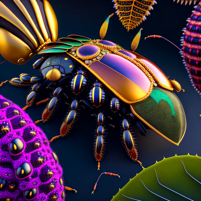 Colorful Beetle Artwork with Intricate Patterns on Dark Background