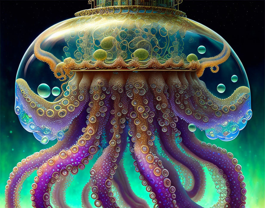 Intricate fantasy jellyfish with golden dome and colorful tentacles