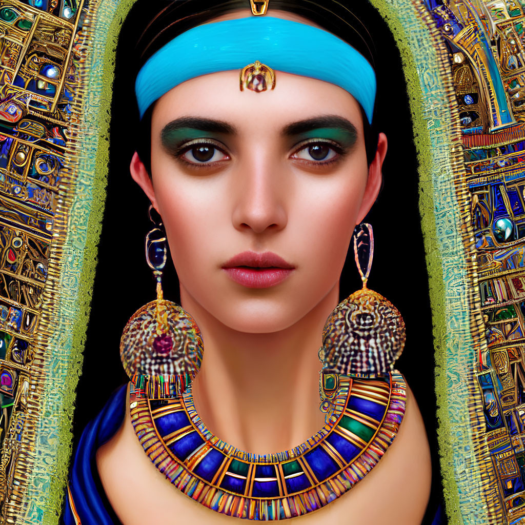 Egyptian-Inspired Digital Portrait of Woman with Blue Headband and Colorful Jewelry
