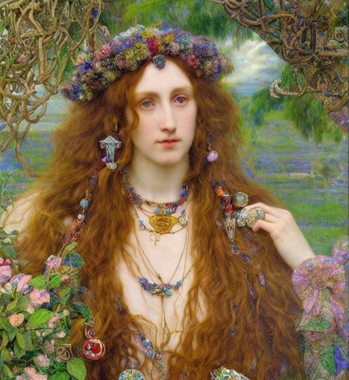 Pre-Raphaelite Style Painting: Woman with Red Hair and Floral Adornments