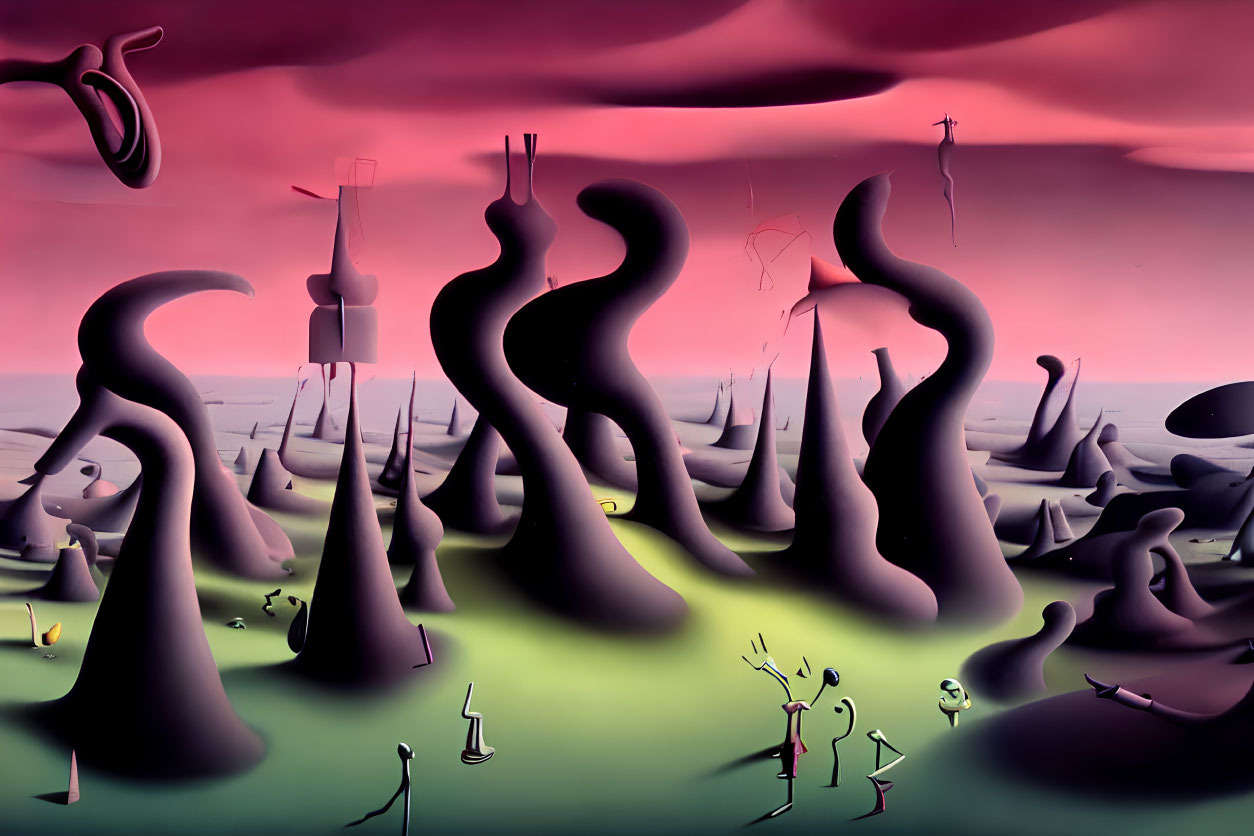 Surreal landscape with twisted shapes and humanoid figures in pinkish sky