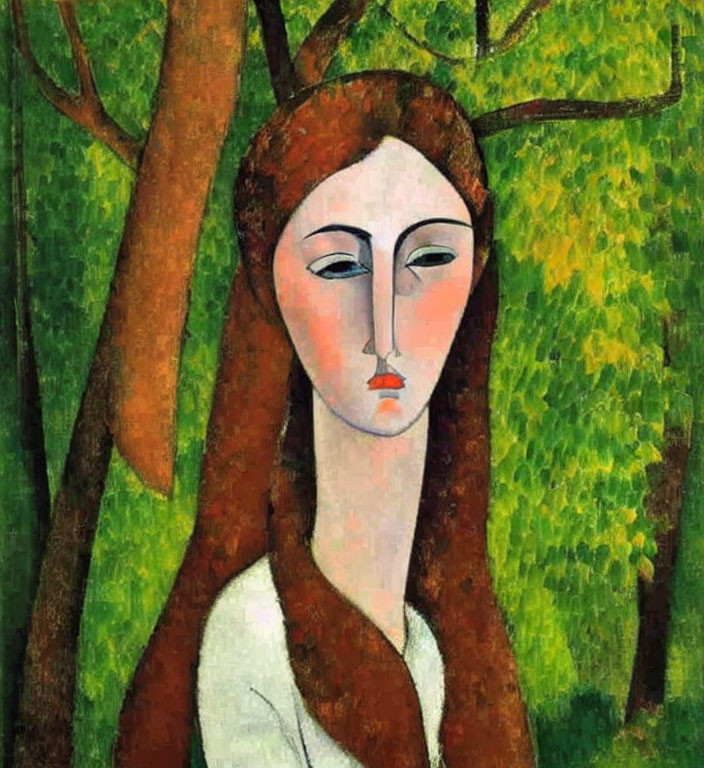 Stylized woman with elongated features and brown hair blending with tree trunks in green background