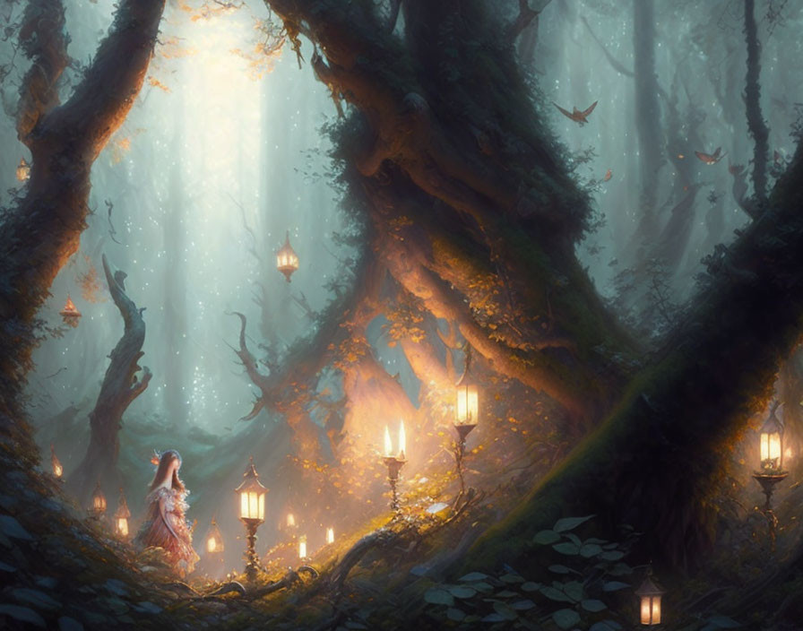 Enchanting forest scene with misty sunlight, lanterns, robed figure, and birds