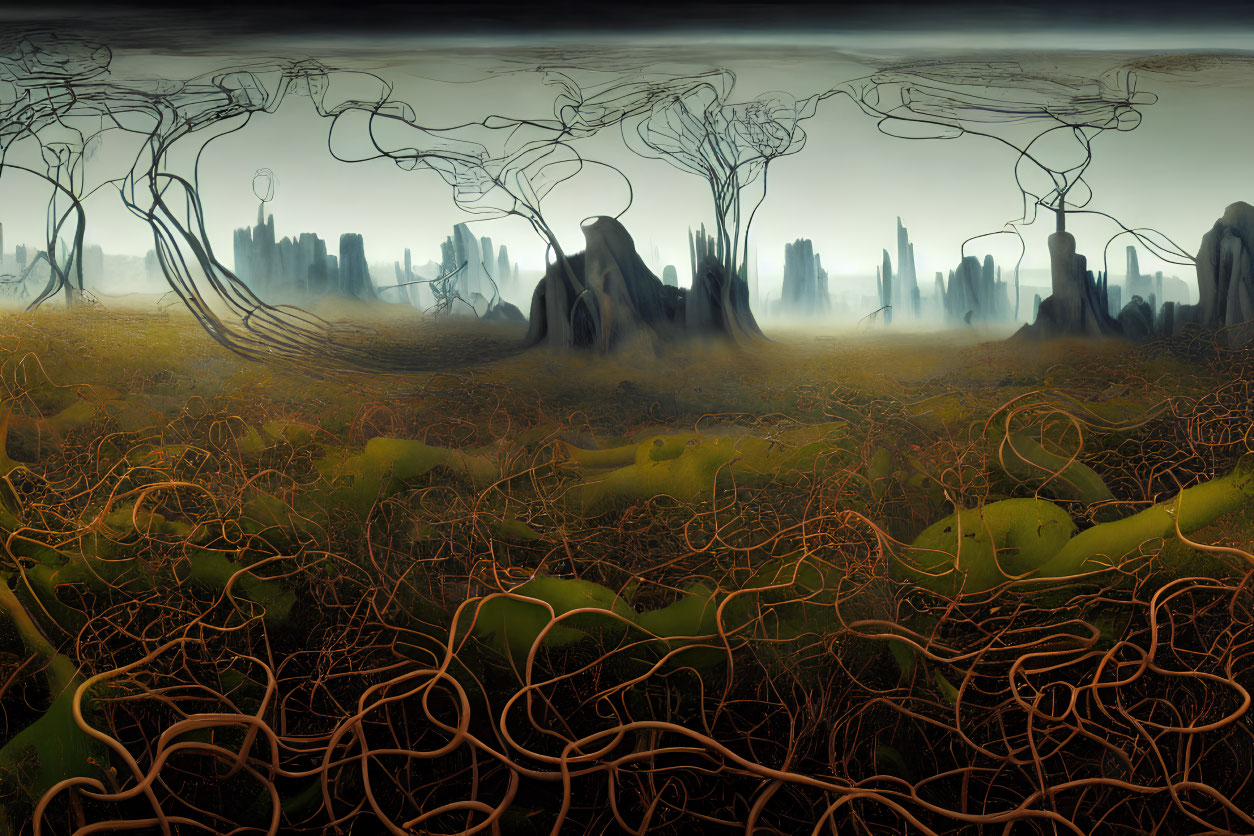 Barren trees and desolate city skyline in eerie dystopian landscape