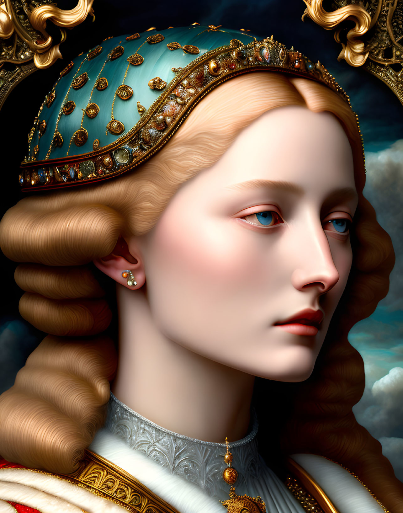 Digital art portrait: Woman with pale skin, blonde hair, turquoise and gold crown, white garment