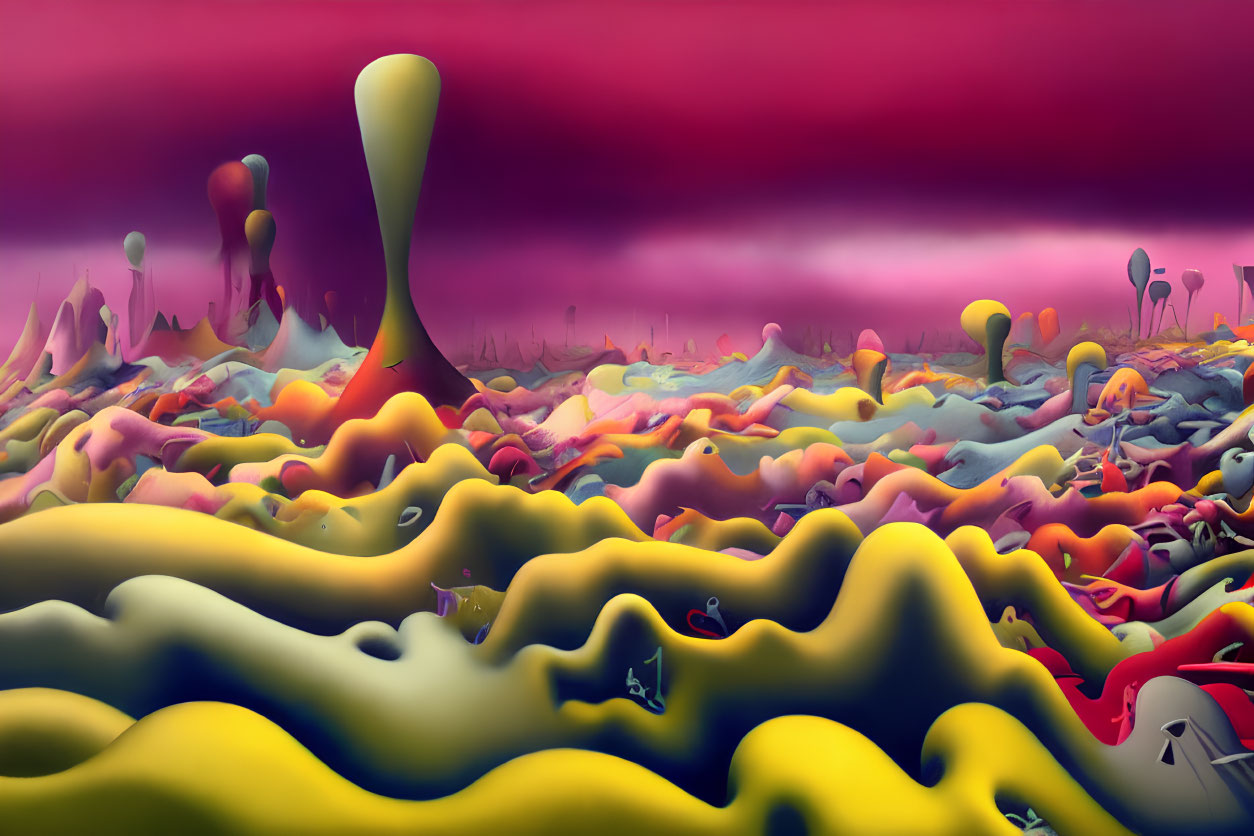 Vibrant surreal landscape with colorful terrain and balloon-like structures