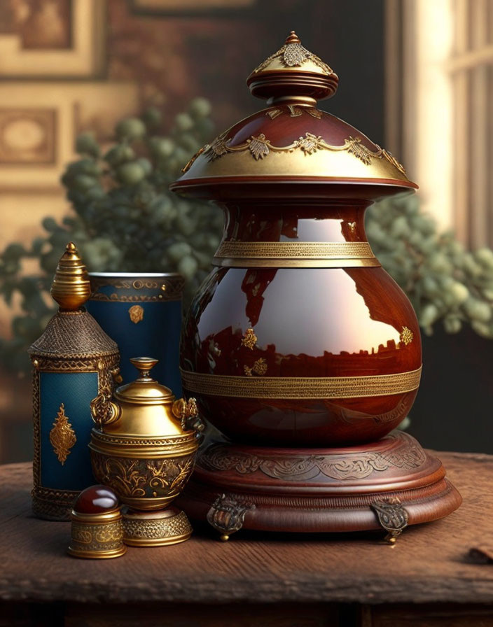 Ornate Tea Set with Polished Pot, Gold Accents & Blue Cup