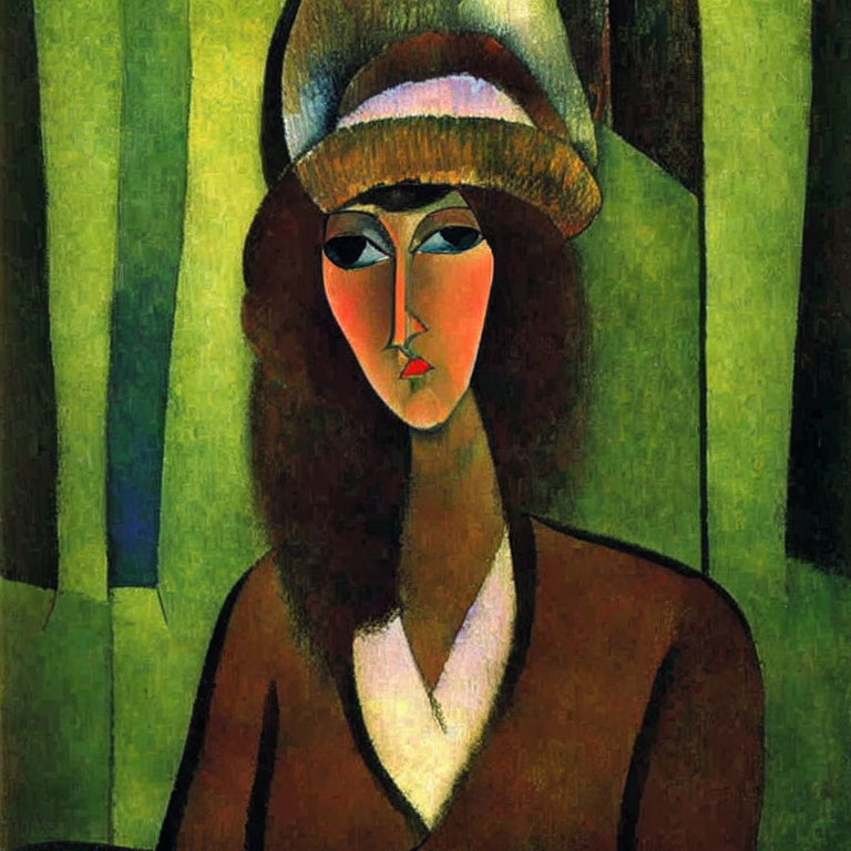 Cubist-style portrait of a woman with abstract features and hat