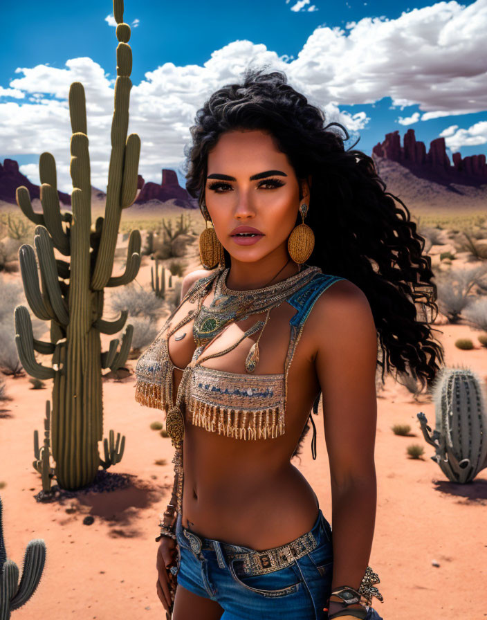 Dark-haired woman in bohemian attire amid desert cacti