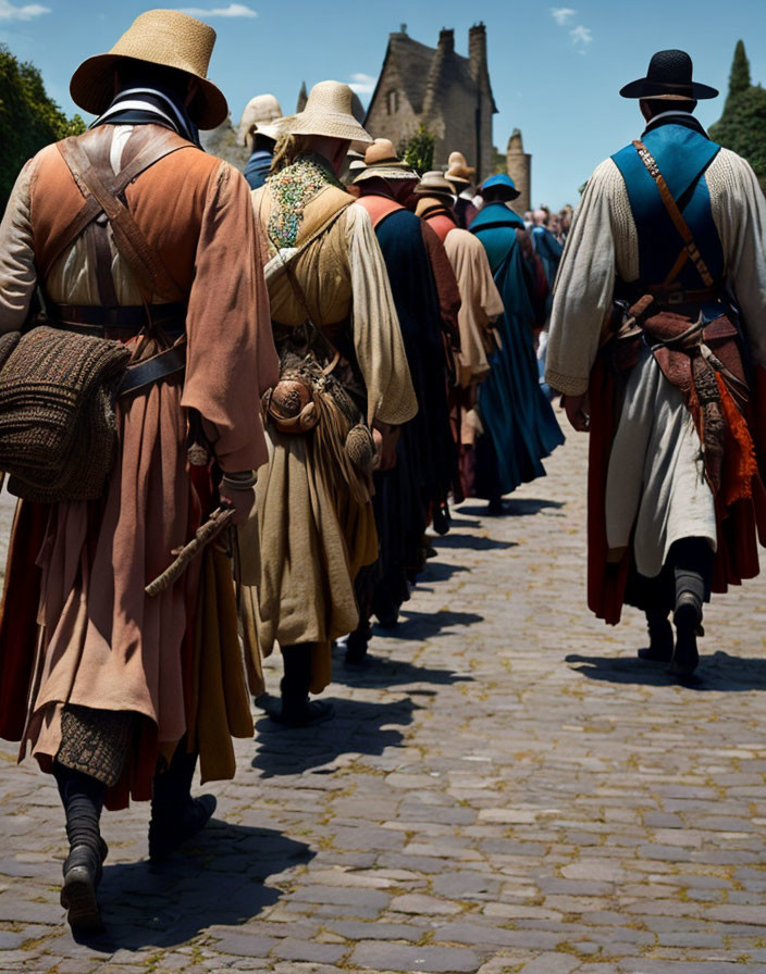 Historical costume group walking outdoors with blue sky and greenery