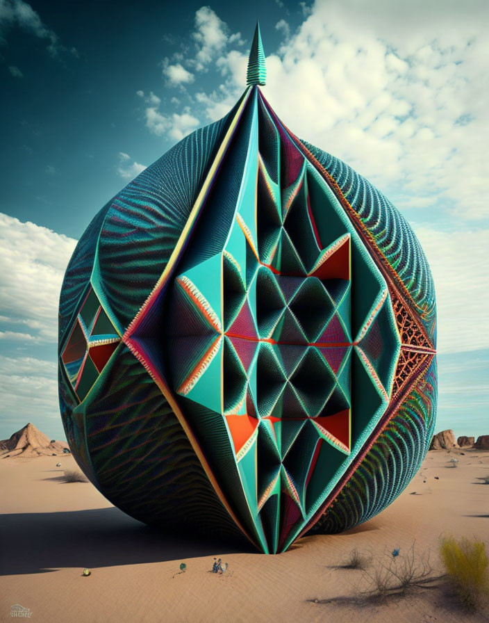 Colorful Geometric Sculpture in Desert Landscape with Human Figures