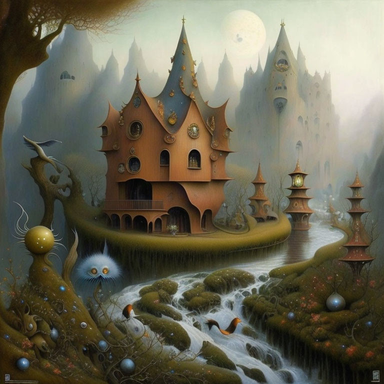 Fantasy landscape with surreal architecture, river, greenery, and fantastical creatures