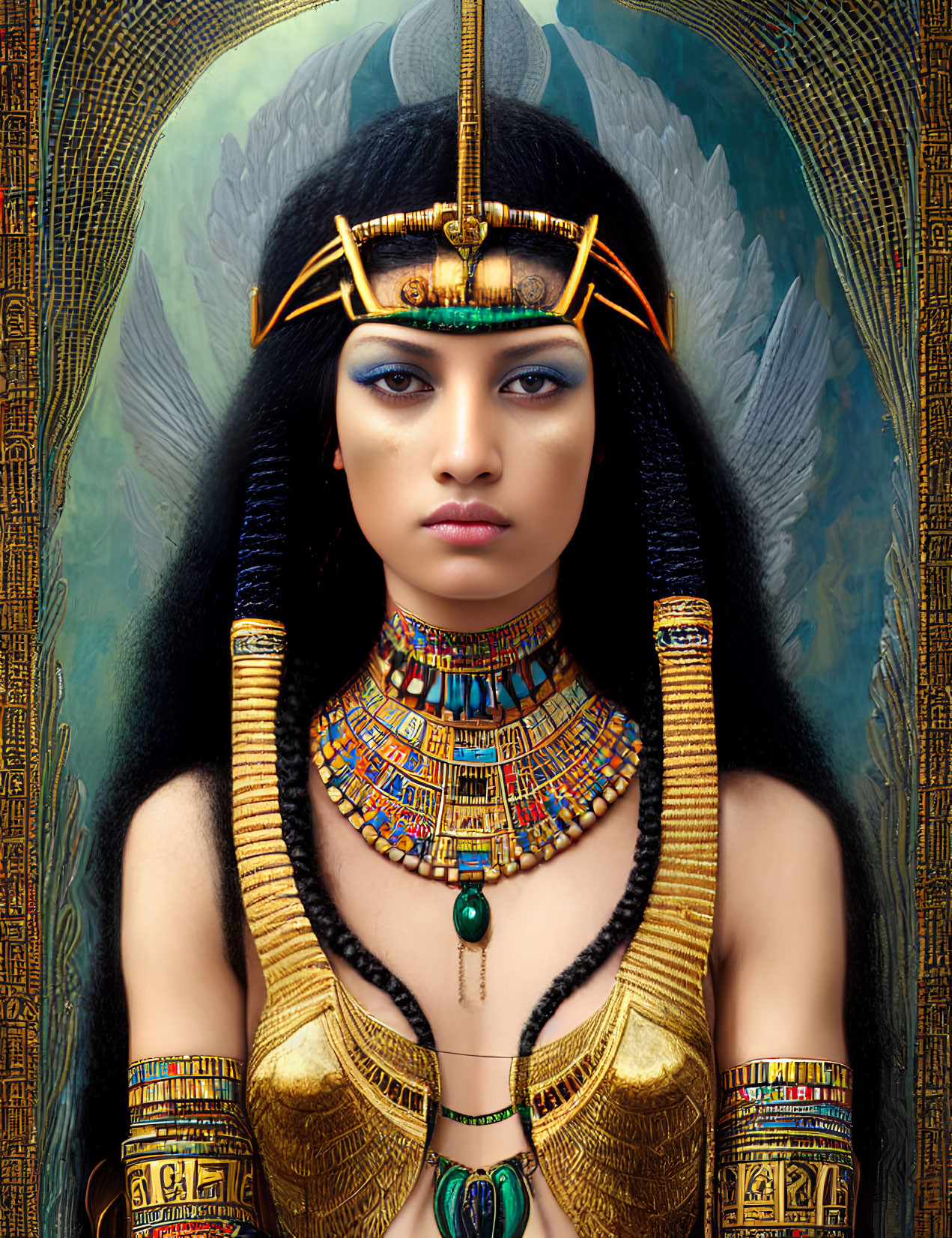 Ancient Egyptian Queen Artwork with Headdress and Jewelry