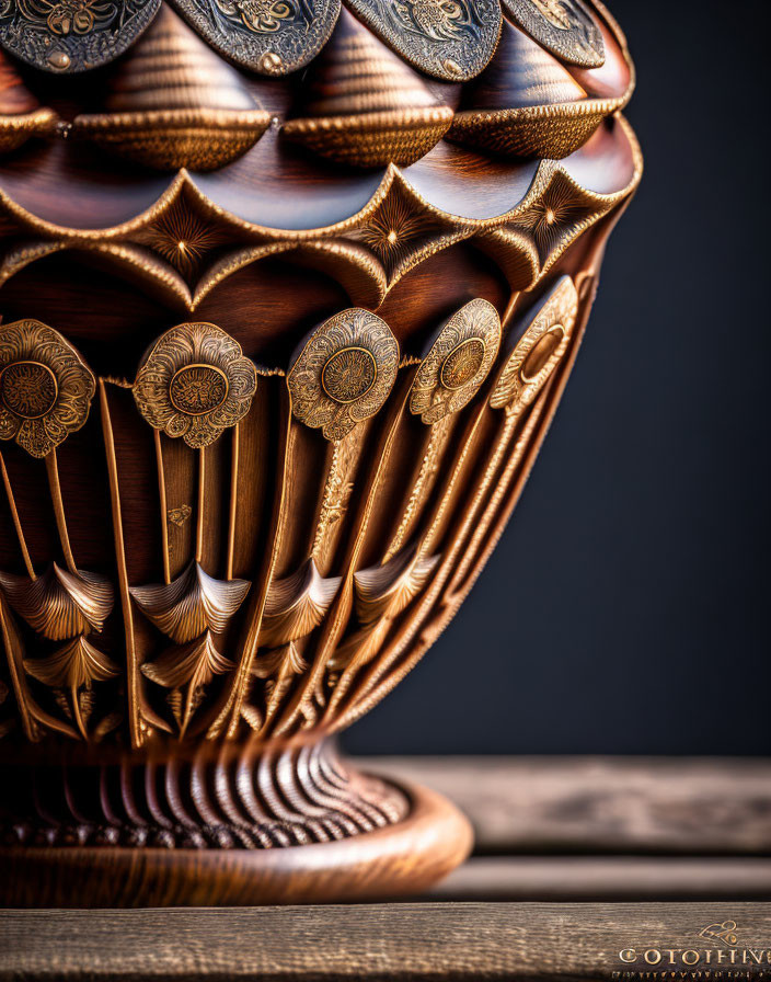 Detailed Wooden Vase with Metal Inlays on Dark Background