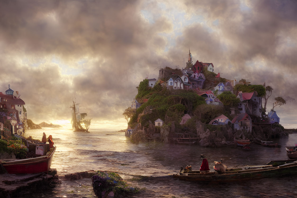 Scenic seaside village with hilltop houses, boats, and dramatic sunset sky