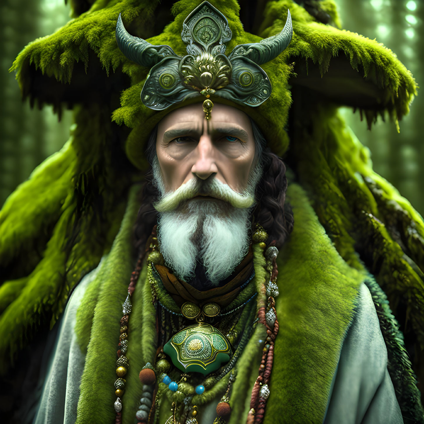 Bearded figure with horned headgear in green cloak against forest backdrop