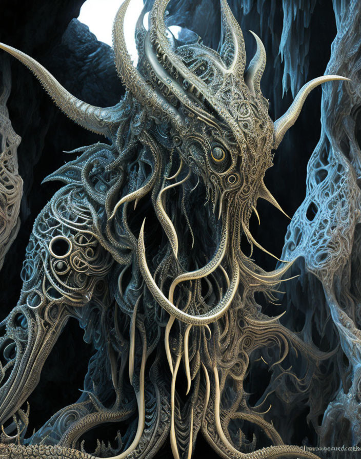 Intricate horned creature in dark cave setting