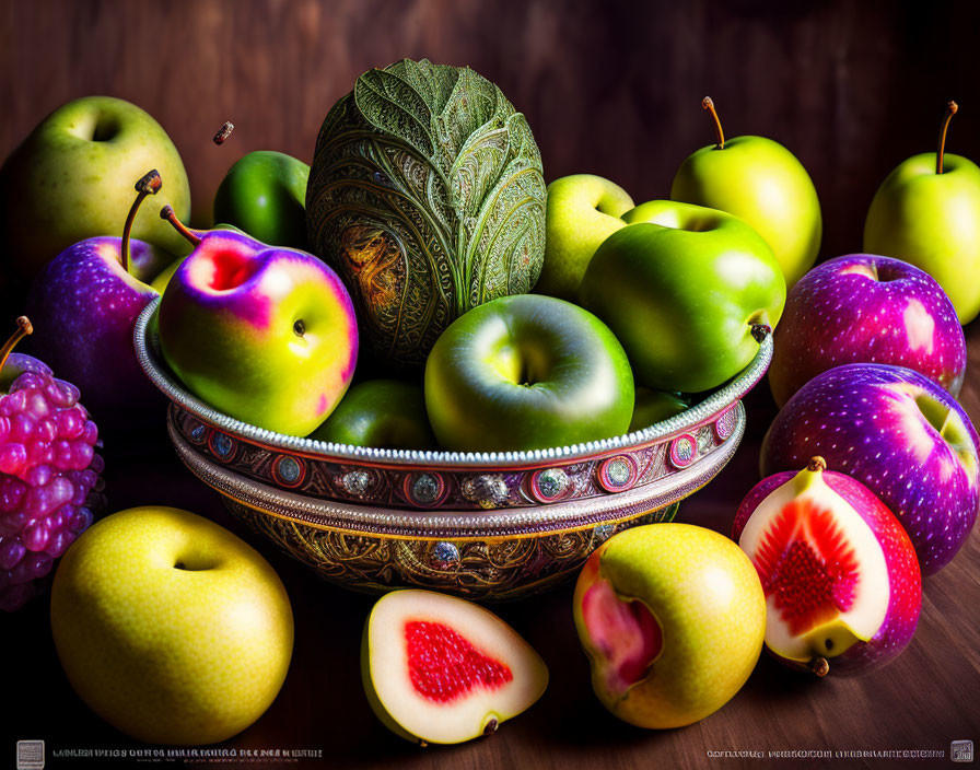 Colorful Fruit Still Life Arrangement in Ornate Bowl