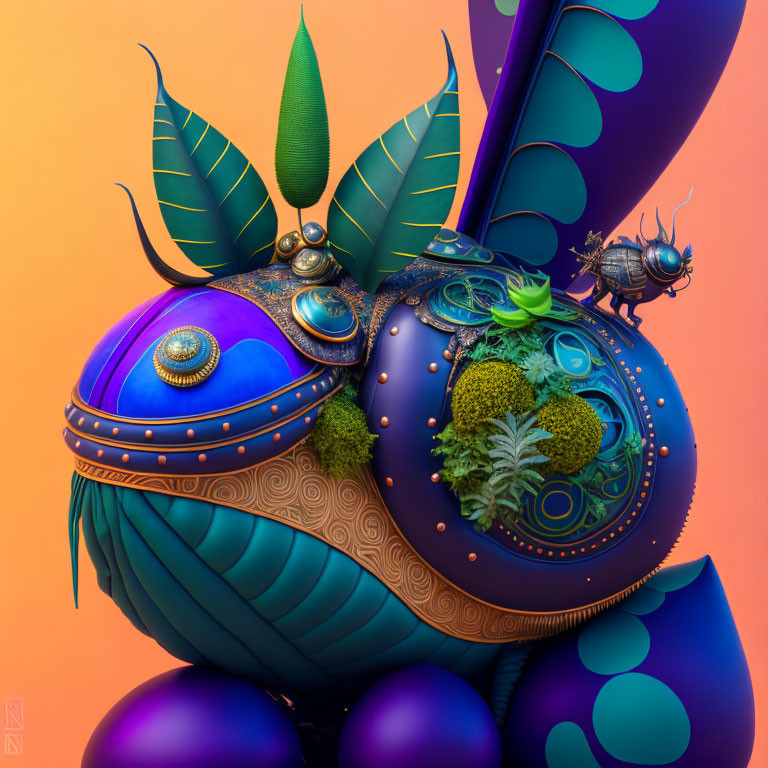 Colorful digital artwork: surreal beetle creature with jewel-toned armor and organic elements