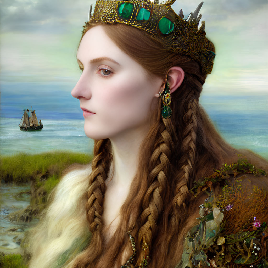 Braided hair woman with crown gazing at ship and grass landscape