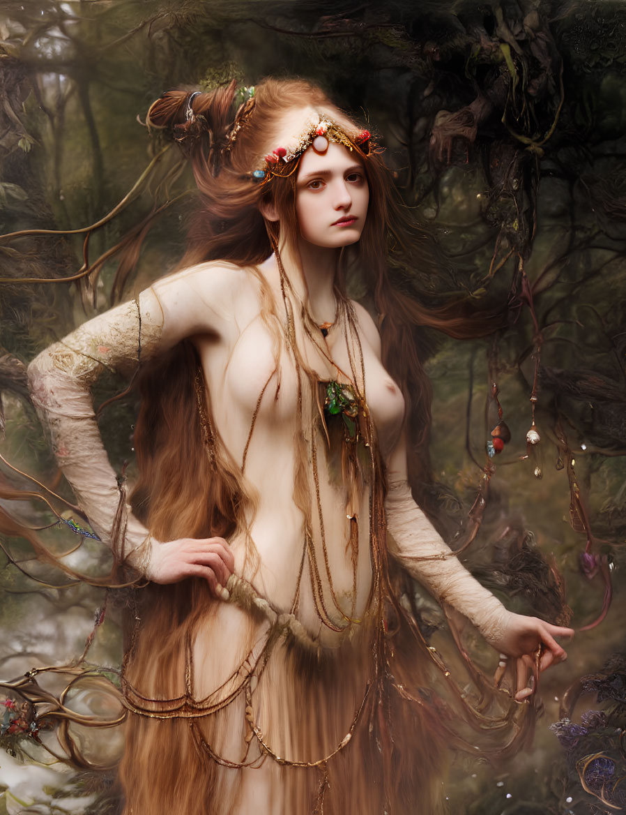 Enchanting forest scene with ethereal woman and intricate jewelry