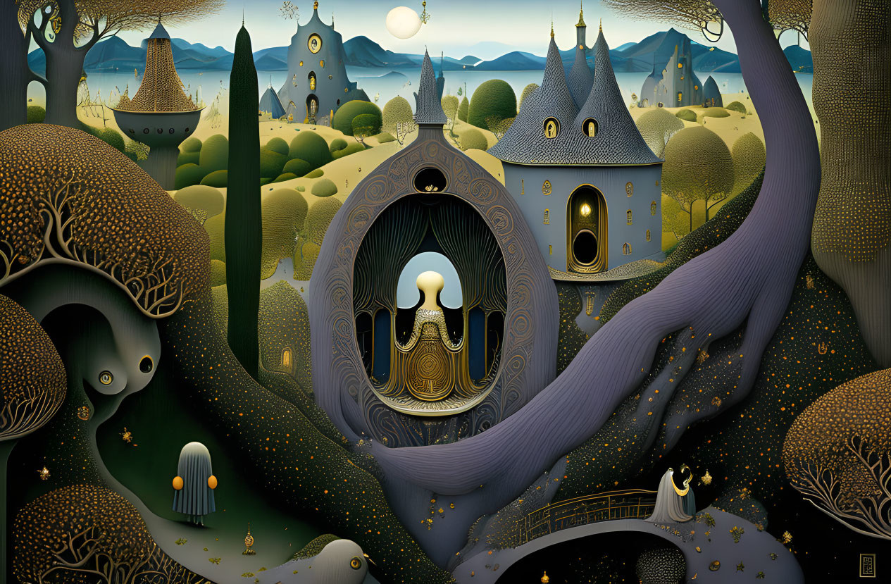 Whimsical landscape with keyhole doorway and harp player