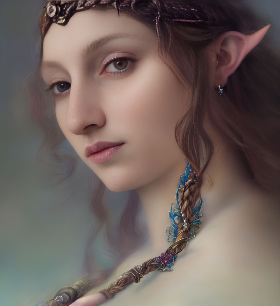 Fantasy elf woman portrait with pointed ears and braided hairstyle