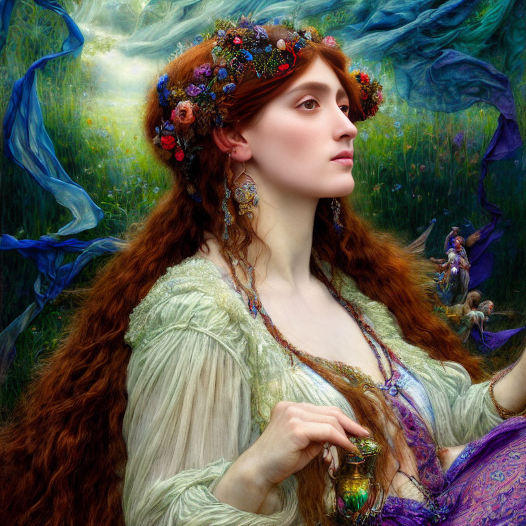 Pre-Raphaelite Style Woman with Red Hair and Fairy Figures