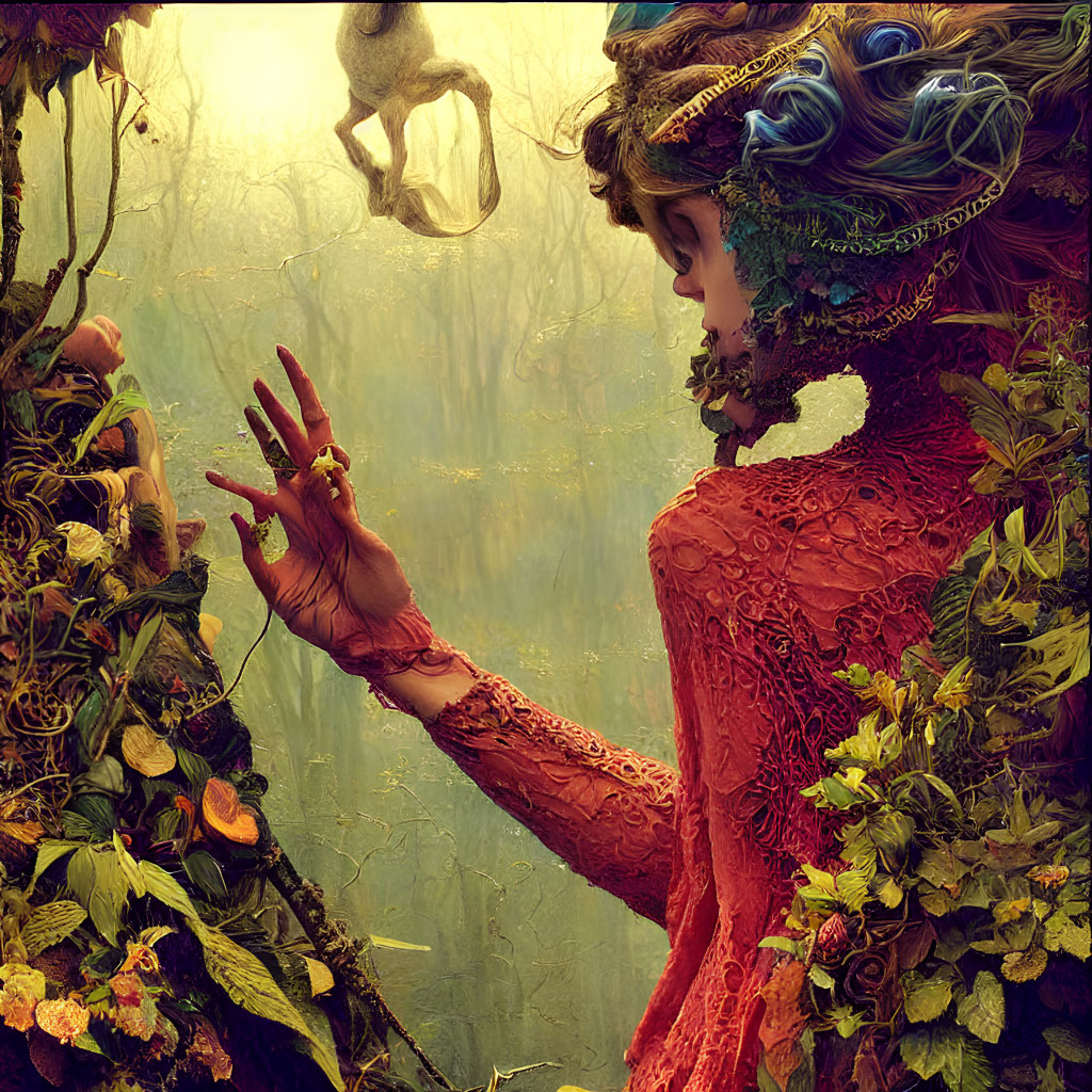 Woman entwined with vines reaching for a monkey in a fantasy forest