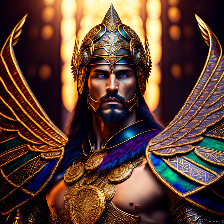 Male Figure in Golden Armor with Blue Eyes and Winged Helmet