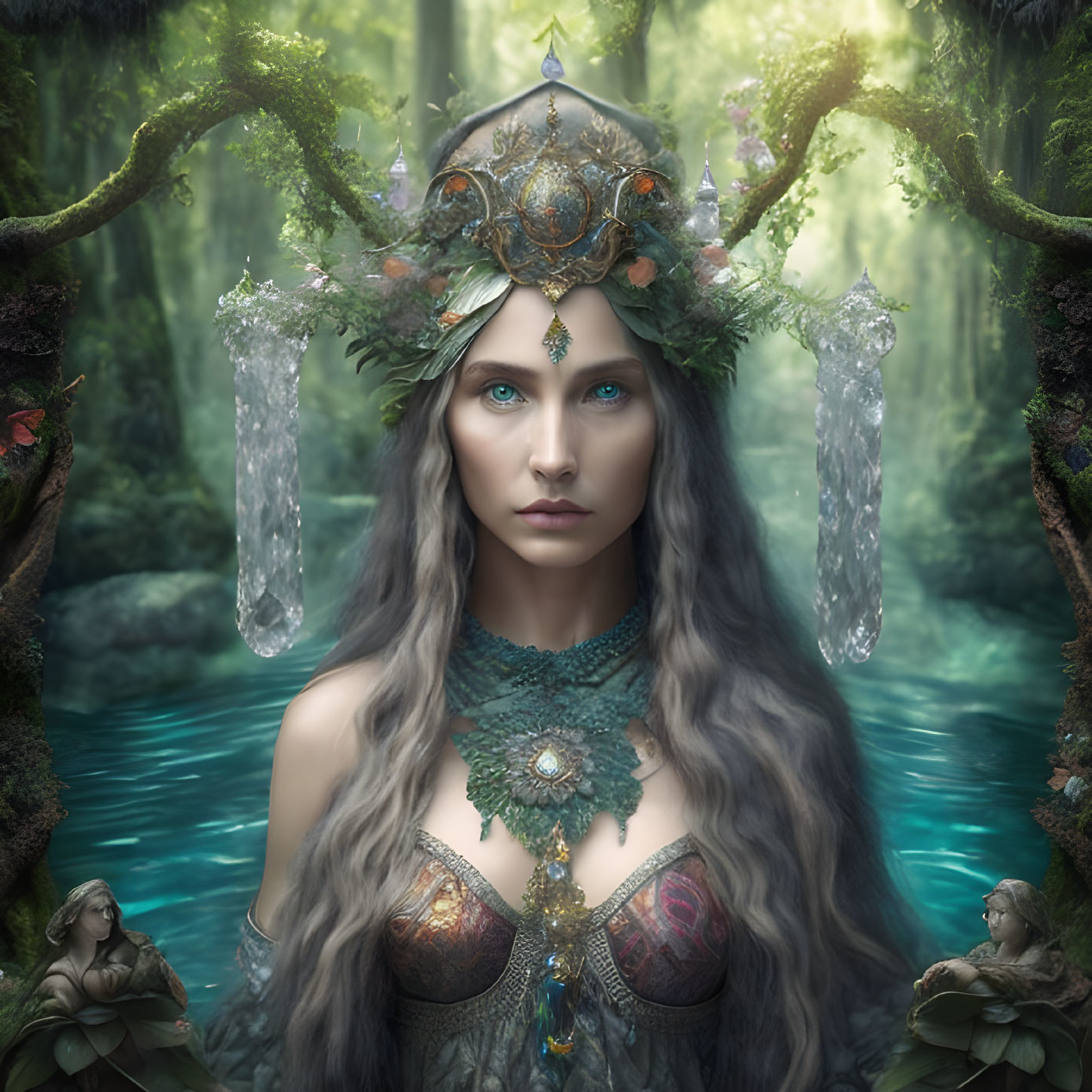 Fantasy queen with crystal crown in mystical forest with miniature figures by blue pond