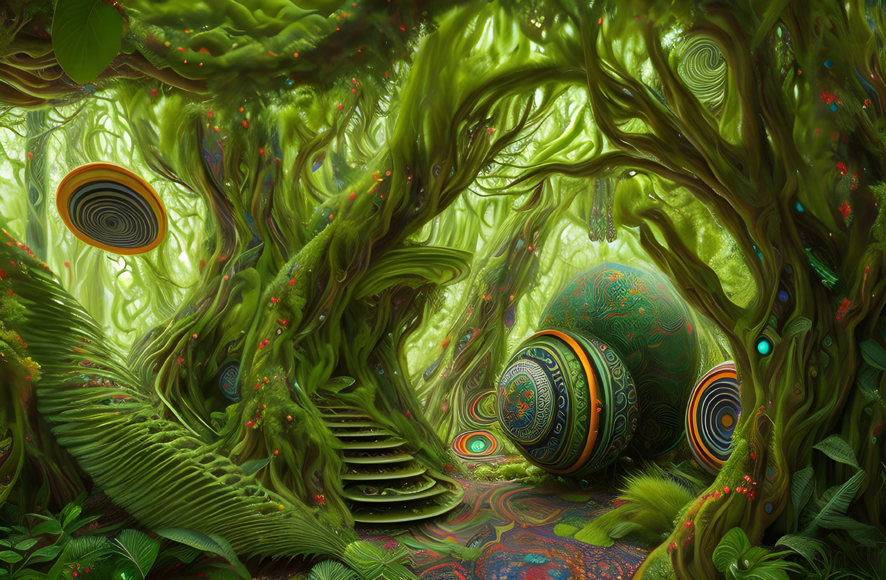 Fantastical forest with swirling trees and patterned orbs in green luminescent glow