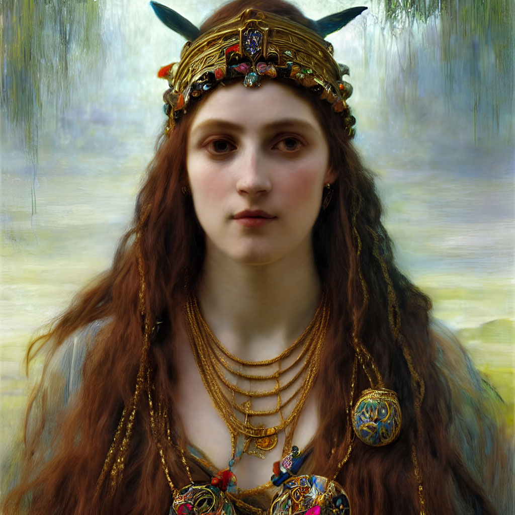 Regal red-haired woman with golden crown and jewelry in forest scene